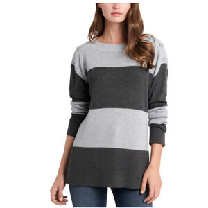 Vince Camuto Button Shoulder Rugby Stripe Sweater Heather Grey Size L NWT